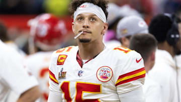 Feb 9, 2025; New Orleans, LA, USA;  Kansas City Chiefs quarterback Patrick Mahomes (15) reacts against the Philadelphia Eagles in Super Bowl LIX at Ceasars Superdome. Mandatory Credit: Mark J. Rebilas-Imagn Images