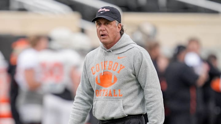 Head coach Mike Gundy walks on the field during an Oklahoma State spring football showcase at Boone Pickens Stadium in Stillwater, Okla., Saturday, April 19, 2025. Head coach Mike Gundy walks on the field during an Oklahoma State spring football showcase at Boone Pickens Stadium in Stillwater, Okla., Saturday, April 19, 2025.