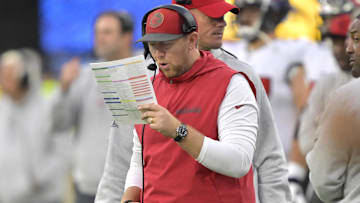 Dec 15, 2024; Inglewood, California, USA;  Tampa Bay Buccaneers head coach Todd Bowles looks on the sidelines in the second half against the Los Angeles Chargers at SoFi Stadium. Mandatory Credit: Jayne Kamin-Oncea-Imagn Images