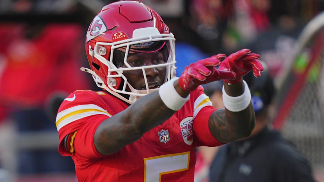Nov 23, 2025; Kansas City, Missouri, USA; Kansas City Chiefs wide receiver Hollywood Brown (5) reacts after a catch against the Indianapolis Colts in the second half at GEHA Field at Arrowhead Stadium.