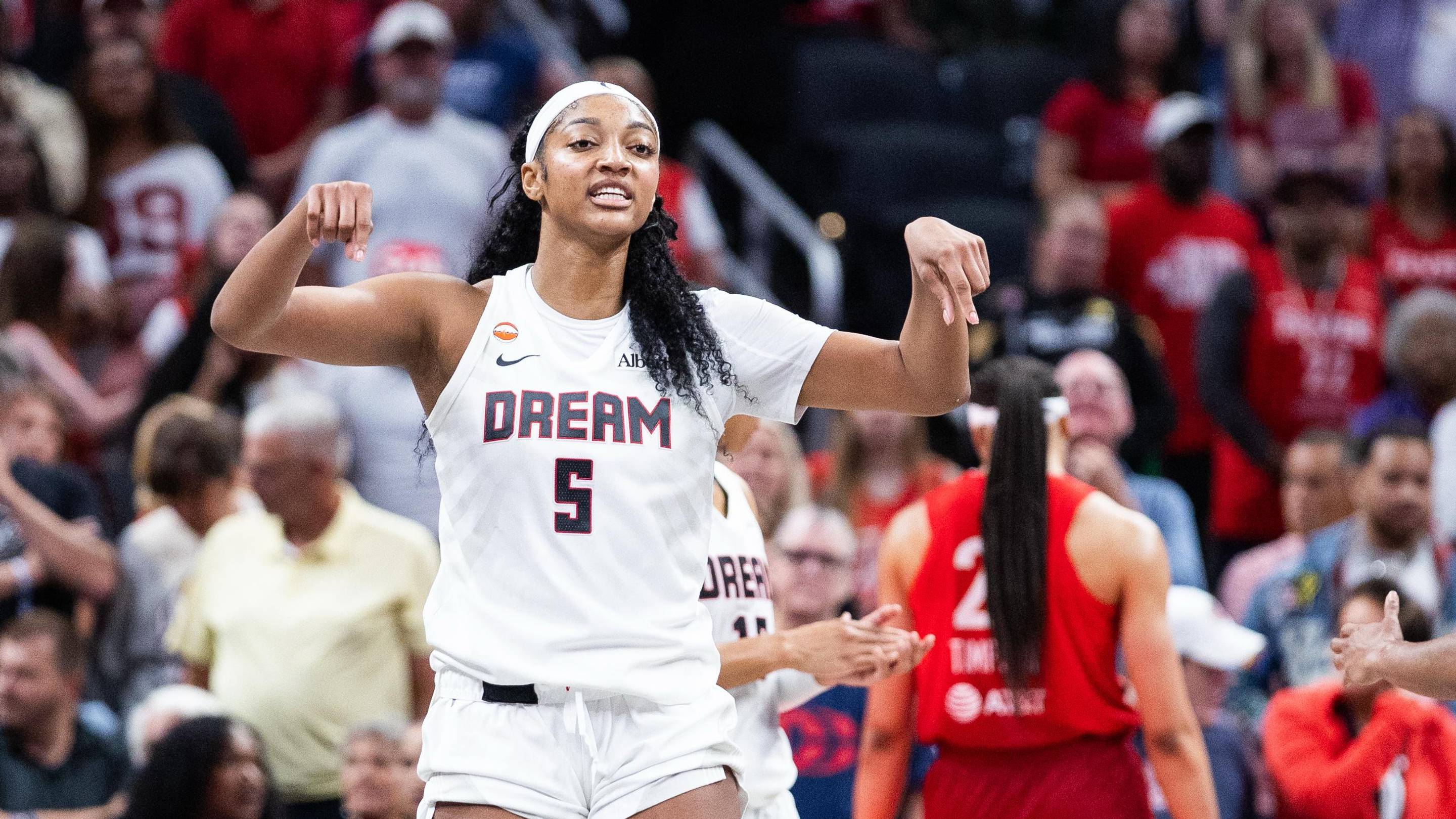 Jun 18, 2026; Indianapolis, Indiana, USA; Atlanta Dream forward Angel Reese (5) celebrates a basket in the second half against the Indiana Fever at Gainbridge Fieldhouse. Mandatory Credit: Trevor Ruszkowski-Imagn Images