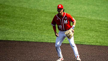 Maryland's Eddie Hacopian gets set during a NCAA Big Ten Conference baseball game against Iowa, Friday, March 31, 2023, at Duane Banks Field in Iowa City, Iowa.

230331 Maryland Iowa B 027 Jpg