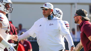Sep 27, 2025; Starkville, Mississippi, USA; Mississippi State Bulldogs head coach Jeff Lebby looks on against the Tennessee Volunteers during the first half at Davis Wade Stadium at Scott Field. Mandatory Credit: Wesley Hale-Imagn Images