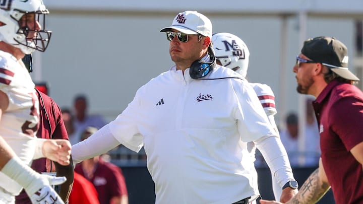 Sep 27, 2025; Starkville, Mississippi, USA; Mississippi State Bulldogs head coach Jeff Lebby looks on against the Tennessee Volunteers during the first half at Davis Wade Stadium at Scott Field. Mandatory Credit: Wesley Hale-Imagn Images