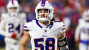 Jan 26, 2025; Kansas City, MO, USA; Buffalo Bills linebacker Matt Milano (58) against the Kansas City Chiefs during the AFC Championship game at GEHA Field at Arrowhead Stadium. Mandatory Credit: Mark J. Rebilas-Imagn Images