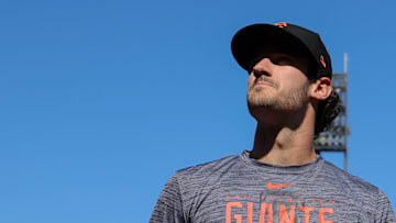 Jul 26, 2023; San Francisco, California, USA; San Francisco Giants 2023 first-round pick Bryce Eldridge before the game against the Oakland Athletics at Oracle Park. Mandatory Credit: Sergio Estrada-Imagn Images