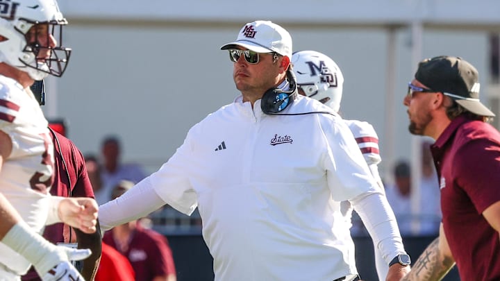 Sep 27, 2025; Starkville, Mississippi, USA; Mississippi State Bulldogs head coach Jeff Lebby looks on against the Tennessee Volunteers during the first half at Davis Wade Stadium at Scott Field. Mandatory Credit: Wesley Hale-Imagn Images