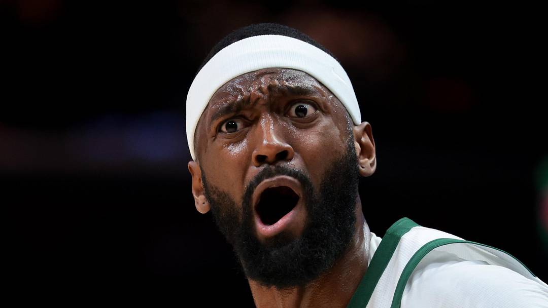 Milwaukee Bucks forward Bobby Portis (9) reacts toward the referee against the Miami Heat during the second quarter at Kaseya Center on Mar 12, 2026.