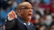 Feb 19, 2025; Chapel Hill, North Carolina, USA; North Carolina Tar Heels head coach Hubert Davis reacts in the first half at Dean E. Smith Center. Mandatory Credit: Bob Donnan-Imagn Images