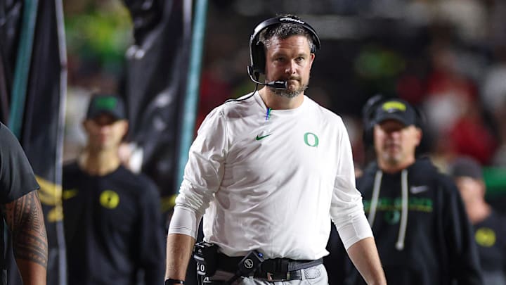 Oct 18, 2025; Piscataway, New Jersey, USA; Oregon Ducks head coach Dan Lanning looks on during the first half against the Rutgers Scarlet Knights at SHI Stadium.