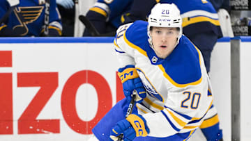 Dec 29, 2024; St. Louis, Missouri, USA;  Buffalo Sabres center Jiri Kulich (20) controls the puck against the St. Louis Blues during the first period at Enterprise Center. Mandatory Credit: Jeff Curry-Imagn Images