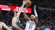 Apr 12, 2024; Oklahoma City, Oklahoma, USA; Oklahoma City Thunder guard Aaron Wiggins (21) shoots as Milwaukee Bucks forward Danilo Gallinari (12) defends during the fourth quarter at Paycom Center. Mandatory Credit: Alonzo Adams-USA TODAY Sports