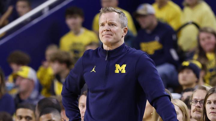 Dec 29, 2025; Ann Arbor, Michigan, USA;  Michigan Wolverines head coach Dusty May looks on in the first half against the McNeese Cowboys at Crisler Center. Mandatory Credit: Rick Osentoski-Imagn Images