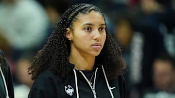 Jan 20, 2024; Storrs, Connecticut, USA; UConn Huskies guard Azzi Fudd (35) on the court before the start of the game against the DePaul Blue Demons at Harry A. Gampel Pavilion. Mandatory Credit: David Butler II-Imagn Images