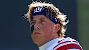 Oct. 26, 2025; Philadelphia, Pennsylvania, USA; New York Giants quarterback Jaxson Dart looks on before opening kick off against the Philadelphia Eagles at Lincoln Financial Field.