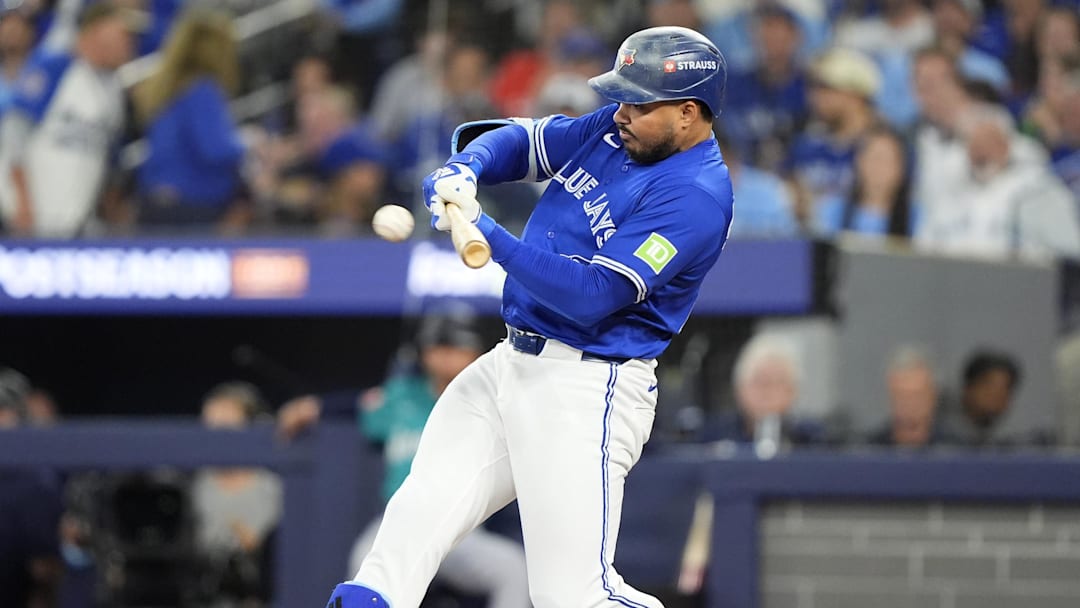 Toronto Blue Jays right fielder Anthony Santander hits a single.