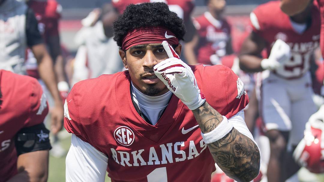 Arkansas Razorbacks defensive back Christian Harrison (1) kneels before the start of the spring game at Razorback Stadium. Arkansas Razorbacks defensive back Christian Harrison (1) kneels before the start of the spring game at Razorback Stadium.