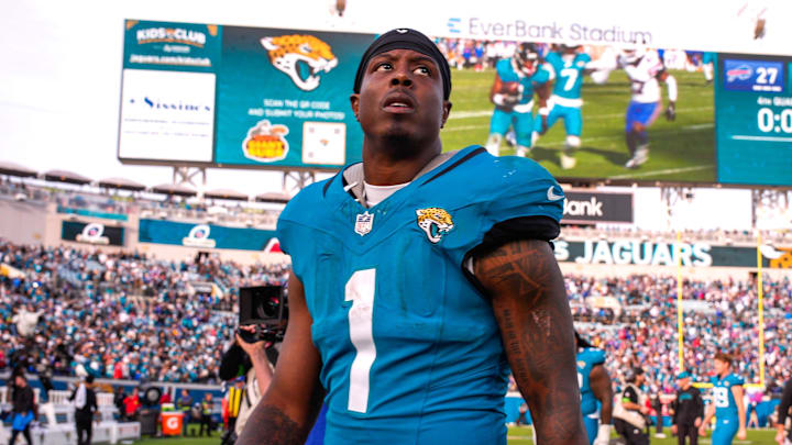 Jacksonville Jaguars running back Travis Etienne Jr. (1) walks off the field after losing to the Bills during an NFL football AFC Wild Card playoff matchup, Sunday, Jan. 11, 2026, in Jacksonville, Fla. Bills lead 10-7 at the half over the Jaguars. The Bills defeated the Jaguars 27-24. [Doug Engle/Florida Times-Union]