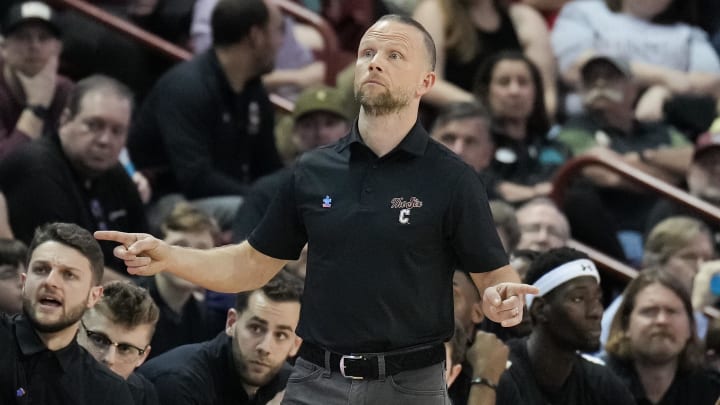 Feb 23, 2023; Charleston, South Carolina, USA; Charleston Cougars head coach Pat Kelsey gestures Feb 23, 2023; Charleston, South Carolina, USA; Charleston Cougars head coach Pat Kelsey gestures