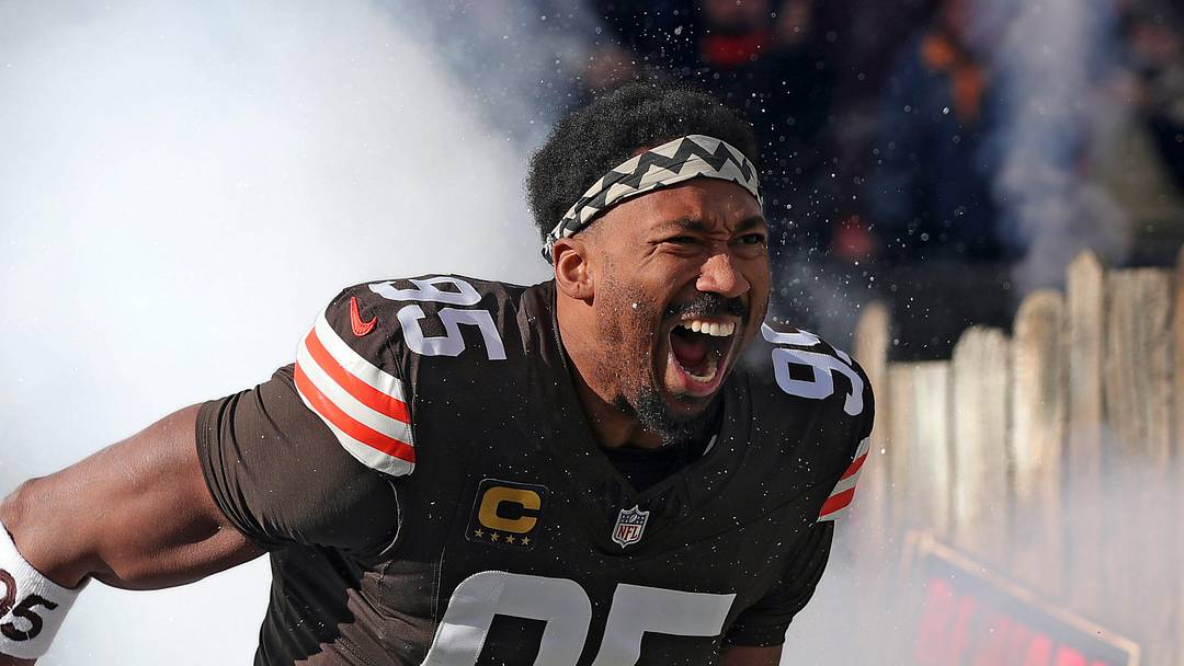Cleveland Browns defensive end Myles Garrett (95) takes the field before an NFL football game at Huntington Bank Field, Dec. 21, 2025, in Cleveland, Ohio.