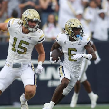 Sep 14, 2024; Atlanta, Georgia, USA; Georgia Tech Yellow Jackets punt returner Rodney Shelley (6) returns a punt against the Virginia Military Institute Keydets in the second quarter at Bobby Dodd Stadium at Hyundai Field. Mandatory Credit: Brett Davis-Imagn Images