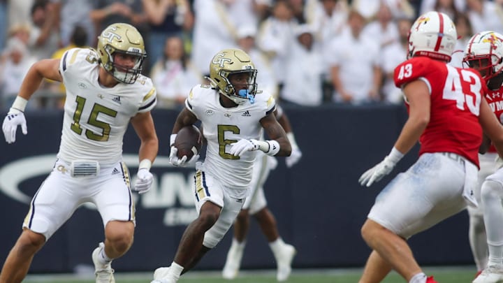 Sep 14, 2024; Atlanta, Georgia, USA; Georgia Tech Yellow Jackets punt returner Rodney Shelley (6) returns a punt against the Virginia Military Institute Keydets in the second quarter at Bobby Dodd Stadium at Hyundai Field. Mandatory Credit: Brett Davis-Imagn Images