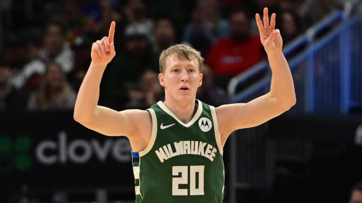 Milwaukee Bucks guard AJ Green (20) reacts after scoring a basket in the fourth quarter against the Los Angeles Clippers  at Fiserv Forum. 