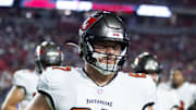 Dec 25, 2022; Glendale, Arizona, USA; Tampa Bay Buccaneers guard Luke Goedeke (67) against the Arizona Cardinals at State Farm Stadium. Mandatory Credit: Mark J. Rebilas-Imagn Images