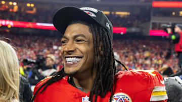 Jan 26, 2025; Kansas City, MO, USA; Kansas City Chiefs running back Isiah Pacheco (10) celebrates after defeating the Buffalo Bills in the AFC Championship game at GEHA Field at Arrowhead Stadium. Mandatory Credit: Mark J. Rebilas-Imagn Images