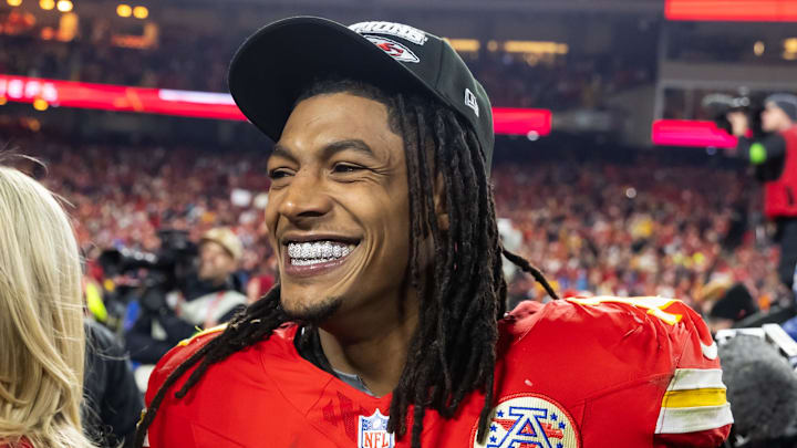 Jan 26, 2025; Kansas City, MO, USA; Kansas City Chiefs running back Isiah Pacheco (10) celebrates after defeating the Buffalo Bills in the AFC Championship game at GEHA Field at Arrowhead Stadium. Mandatory Credit: Mark J. Rebilas-Imagn Images