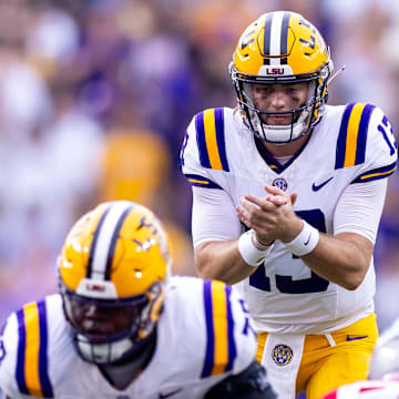 Sep 7, 2024; Baton Rouge, Louisiana, USA; LSU Tigers quarterback Garrett Nussmeier (13) calls for the ball against the Nicholls State Colonels during the first half at Tiger Stadium. Mandatory Credit: Stephen Lew-Imagn Images