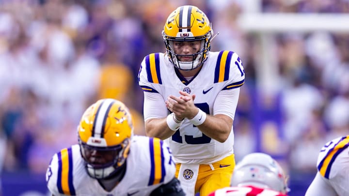 Sep 7, 2024; Baton Rouge, Louisiana, USA; LSU Tigers quarterback Garrett Nussmeier (13) calls for the ball against the Nicholls State Colonels during the first half at Tiger Stadium. Mandatory Credit: Stephen Lew-Imagn Images