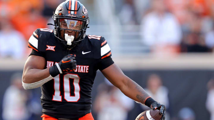 Oklahoma State's Rashod Owens (10) reacts after a reception in the second half during a Bedlam college football game between the Oklahoma State University Cowboys (OSU) and the University of Oklahoma Sooners (OU) at Boone Pickens Stadium in Stillwater, Okla., Saturday, Nov. 4, 2023.