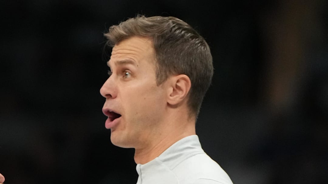 Mar 12, 2026; Charlotte, NC, USA; Duke Blue Devils head coach Jon Scheyer reacts in the second half at Spectrum Center. Mandatory Credit: Bob Donnan-Imagn Images