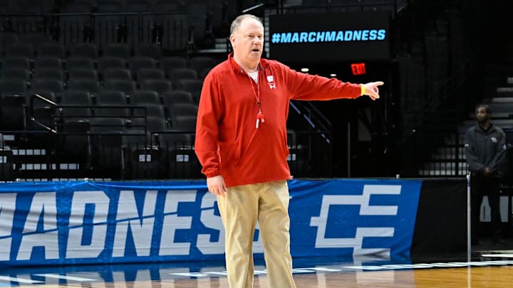 Mar 18, 2026; Portland, OR, USA; Wisconsin Badgers head coach Greg Gard directs drills during a practice session ahead of the first round of the men's 2026 NCAA Tournament at Moda Center. Mandatory Credit: Craig Strobeck-Imagn Images