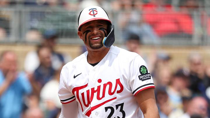 May 17, 2026; Minneapolis, Minnesota, USA; Minnesota Twins third baseman Royce Lewis (23) reacts to a strikeout against the Milwaukee Brewers during the first inning at Target Field. Mandatory Credit: Matt Krohn-Imagn Images
