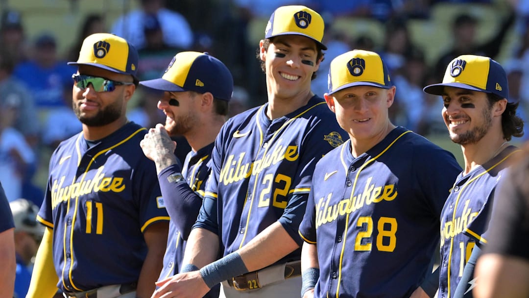 Oct 16, 2025; Los Angeles, California, USA; Milwaukee Brewers center fielder Jackson Chourio (11), second baseman Brice Turang (2), designated hitter Christian Yelich (22), first baseman Andrew Vaughn (28) and right fielder Sal Frelick (10) are introduced for game three of the NLCS during the 2025 MLB playoffs against the Los Angeles Dodgers at Dodger Stadium. Mandatory Credit: Jayne Kamin-Oncea-Imagn Images