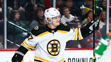 Feb 1, 2020; Saint Paul, Minnesota, USA; Boston Bruins defenseman Torey Krug (47) celebrates after scoring a goal against the Minnesota Wild in the first period at Xcel Energy Center. Mandatory Credit: David Berding-Imagn Images