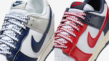 The Nike Dunk Low in the 'Yankees' and 'Red Sox' colorways.