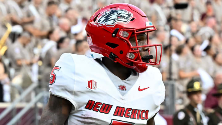 Sep 2, 2023; College Station, Texas, USA; New Mexico Lobos running back Jacory Croskey-Merritt (5) runs the ball in for a touchdown during the second quarter against the Texas A&M Aggies at Kyle Field