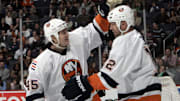 Mar 3, 2007; Washington, DC, USA; New York Islanders left wing (12) Chris Simon celebrates with right wing (45) Arron Asham after scoring a goal in the second period against the Washington Capitals at the Verizon Center in Washington, DC.  Mandatory Credit: James Lang-Imagn Images Copyright © James Lang