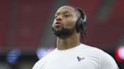 Sep 15, 2024; Houston, Texas, USA; Houston Texans running back Joe Mixon (28) warms up before the game against the Chicago Bears at NRG Stadium. Mandatory Credit: Troy Taormina-Imagn Images