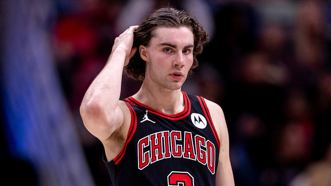 Oct 23, 2024; New Orleans, Louisiana, USA;  Chicago Bulls guard Josh Giddey (3) looks on against the New Orleans Pelicans during the first half at Smoothie King Center. Mandatory Credit: Stephen Lew-Imagn Images