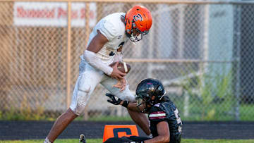 Benjamin wide reciever Amaree Williams taunts 
Palm Beach Central cornerback Mikey Gayle
during their game in Wellington, Florida on October 6, 2023.