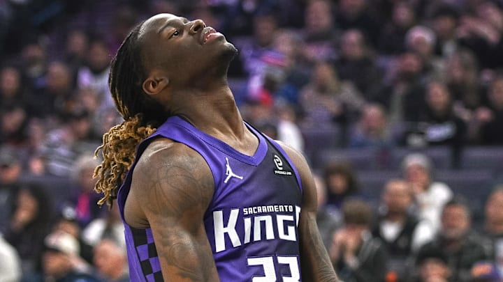 Nov 26, 2025; Sacramento, California, USA; Sacramento Kings guard Keon Ellis (23) reacts to a call during the first quarter of the game against the Phoenix Suns at Golden 1 Center. Mandatory Credit: Ed Szczepanski-Imagn Images