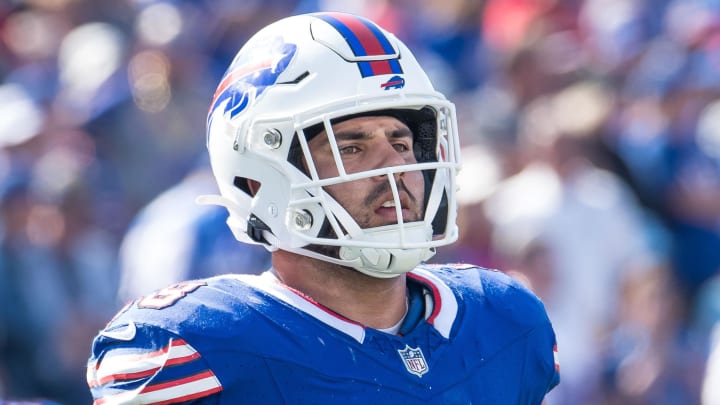 Oct 1, 2023; Orchard Park, New York, USA; Buffalo Bills linebacker Matt Milano (58) on the field in the third quarter against the Miami Dolphins at Highmark Stadium. Mandatory Credit: Mark Konezny-USA TODAY Sports