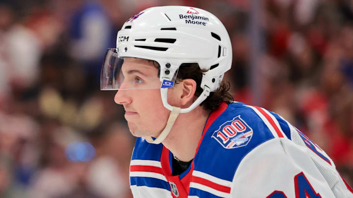 Apr 13, 2026; Sunrise, Florida, USA; New York Rangers right wing Gabe Perreault (94) looks on after scoring against the Florida Panthers during the second period at Amerant Bank Arena. 