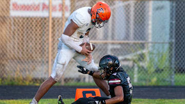 Benjamin wide reciever Amaree Williams taunts 
Palm Beach Central cornerback Mikey Gayle
during their game in Wellington, Florida on October 6, 2023.
