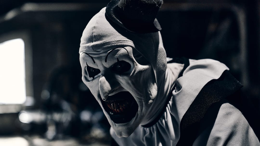 David Howard Thornton as “Art the Clown” in the horror film, TERRIFIER 3, a Cineverse release. Photo courtesy of Jesse Korman/Dark Age Cinema