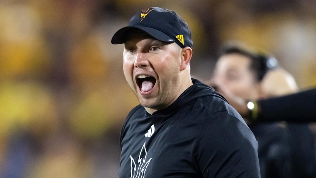 Nov 28, 2025; Tempe, Arizona, USA; Arizona State Sun Devils head coach Kenny Dillingham reacts against the Arizona Wildcats during the 99th Territorial Cup at Mountain America Stadium. Mandatory Credit: Mark J. Rebilas-Imagn Images